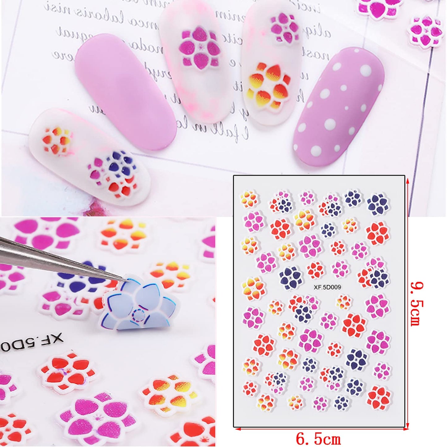 TBRZTR 5D Embossed Flower Nail Art Stickers, 6 Sheets, Self-Adhesive, Paper, Multi, for Women Girls Manicure Tips Charms Decoration