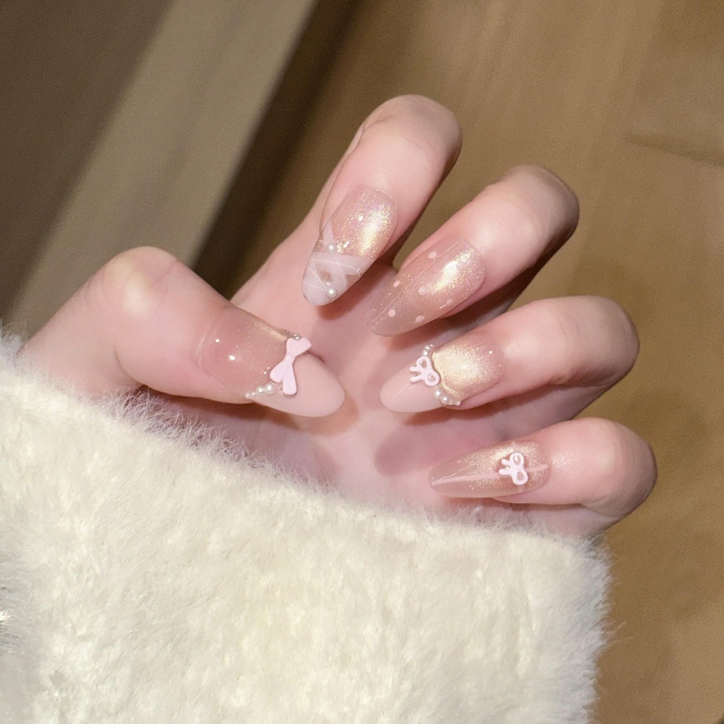 TENPAL Cute Sweet Handmade Press on Nails Almond,Ballet Butterfly Cat Eye Nude Pink Ombre French Tips Fake Nails with Tools, Reusable Spring Polka Dot Bow Pearl False Nails for Women 10pcs(L)