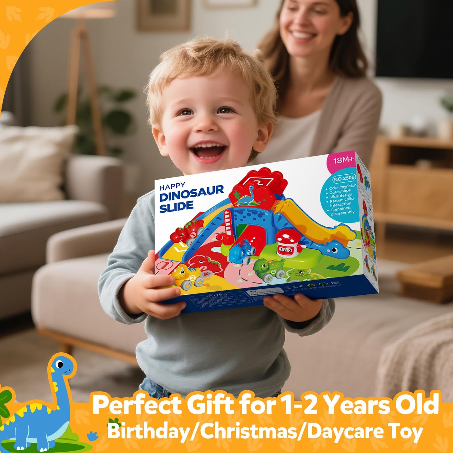 Toddler Toys for 1 2 Year Old Boy Gifts - Educational Dinosaur Slide Set with 4 Color/Number Push Cars and Playmat, Montessori Learning Toy for Baby 12-18 Months, 1st Birthday Present Ages 1-2, Red