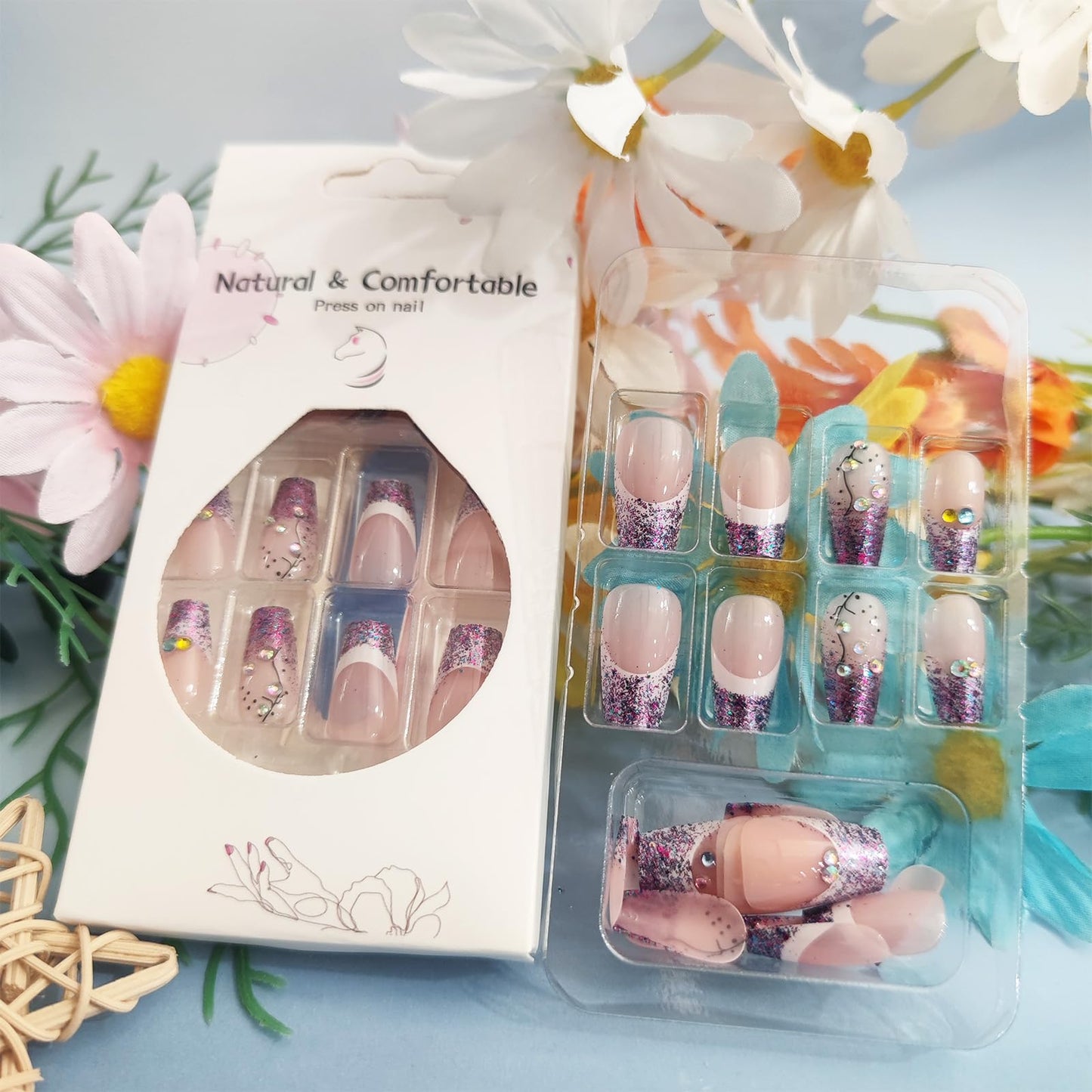 24Pcs French Tips Press on Nails Glossy Purple Glitter Medium Coffin False Nail Rhinestones Acrylic Full Cover Fake Nails Curve Gel Glue on Fingernails Sequin Stick on Nail for Holiday Manicure Art