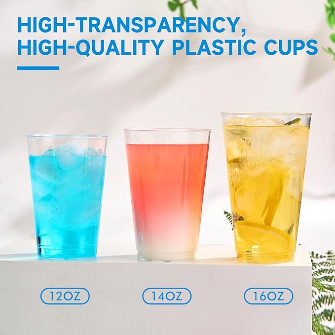 RACETOP 12 oz 200 Pack Disposable Plastic Cups, Disposable Clear Plastic Cups for Parties, Weddings, Gatherings, and Festival Events