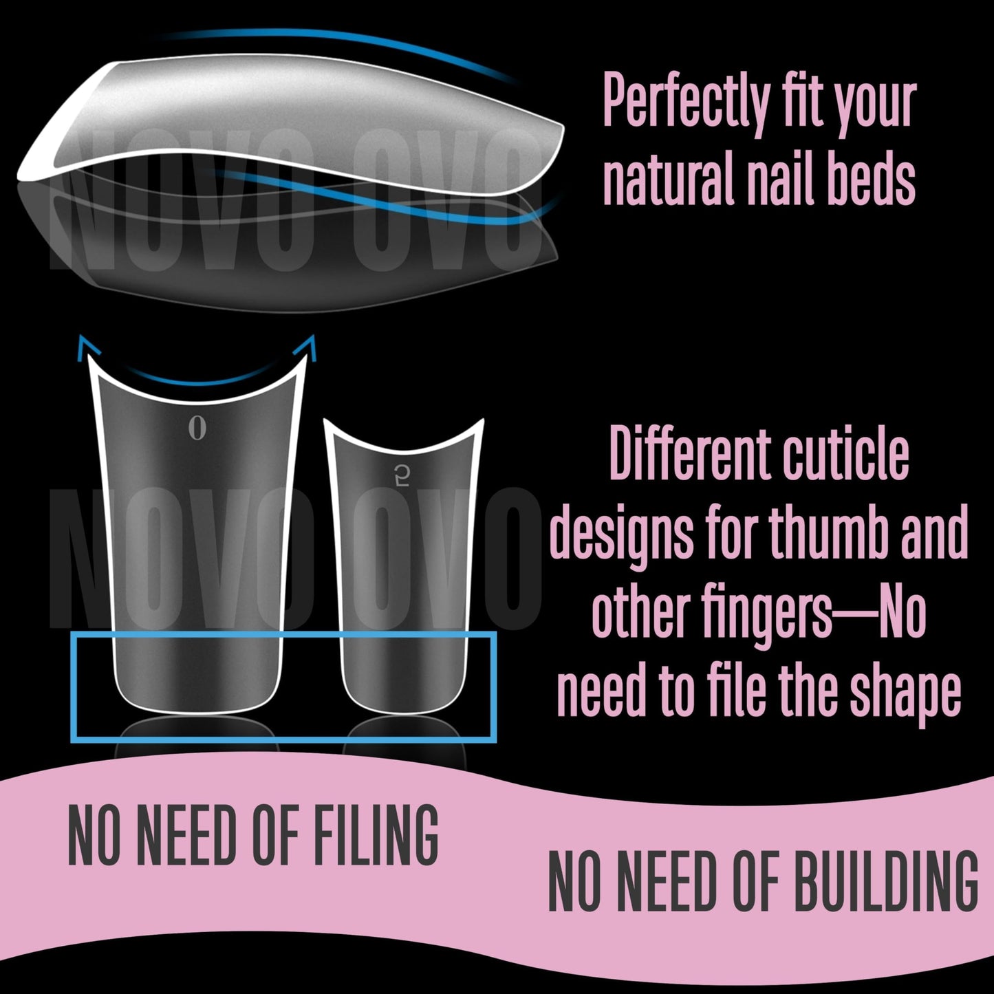 NOVO OVO Halloween Extra Thick Duck Feet Nail Tips Full Cover with Moon Curve for Press on Acrylic, Medim Long Clear Pre-Etched Matte Flare Wide French Soft Gel False Nail Extension x 15 Sizes 240 pcs