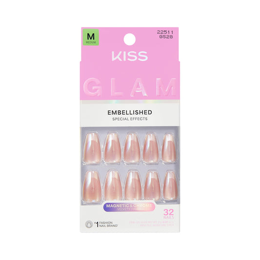 Kiss Glam, Press On Nails, Nail glue included, 'Dusk Mirage', Beige, Medium Size, Coffin Shape, Includes 32 Nails, 2g Glue, 1 Manicure Stick, 1 Mini File
