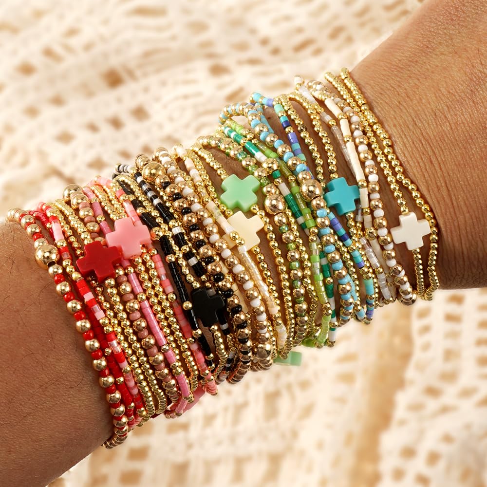 Bohxantium Gold Beaded Cross Bracelets Stack for Women, Blue Boho 5PCS Stackable Stretch Set with 14K Gold Beads - Waterproof Non Tarnish Jewelry for Beach Summer Party Christian Faith Friendship Gift