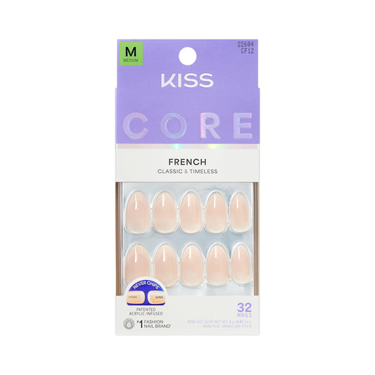 Kiss Core, Press On Nails, Nail glue included, 'Burble', Pink, Medium Size, Almond Shape, Includes 32 Nails, 2g Glue, 1 Manicure Stick, 1 Mini File