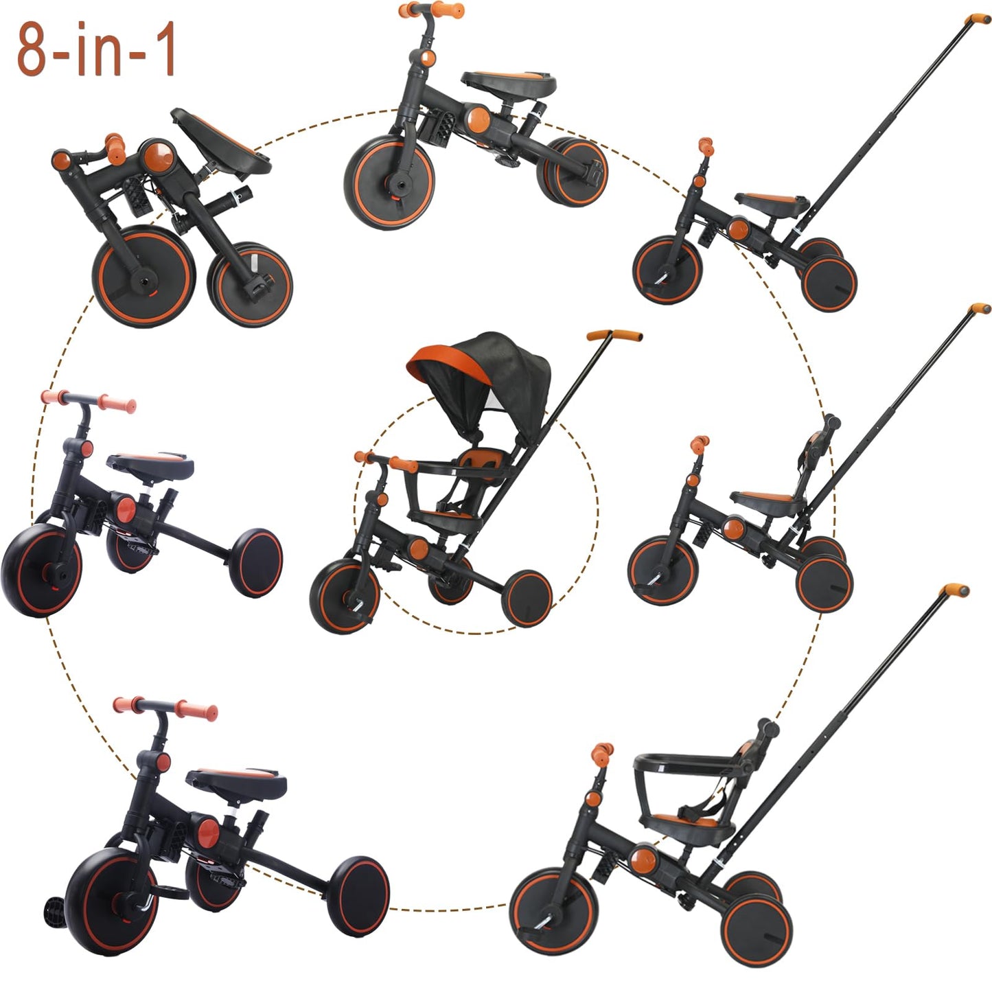 FVOJZQGD Baby Tricycle with Canopy,8 in 1 Toddler Bike Foldable Kids Tricycle,Toddler Tricycle for 1-3 Year Olds, Push Tricycle for Kids Trike Balance Bike Chrismas and Birthday Gift for Boy and Girl
