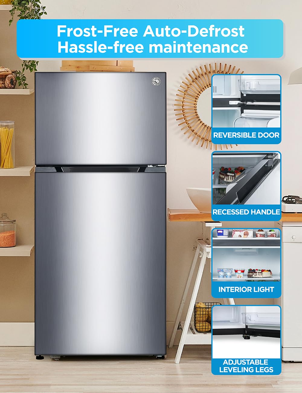Commercial Cool 20 Cu. Ft. Top Mount Refrigerator with Freezer, 2-Door Refrigerator with Top Freezer and Adjustable Temperature Control, Ice Maker Ready, Energy Star Certified, Stainless Look