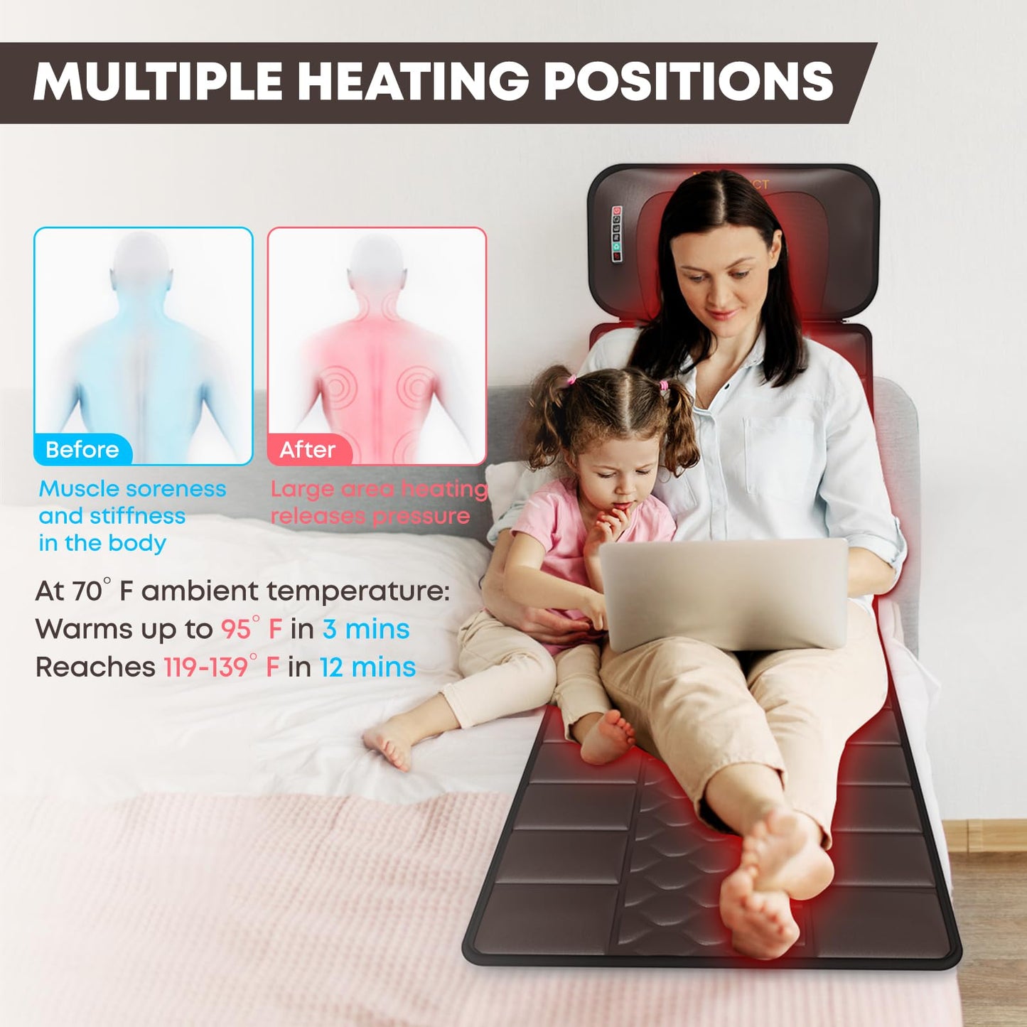 DOPICT Massage-Mat, Detachable Neck Massager, Full Body Vibration Heating, Massage Pad with 10 Vibrating Motors and 9 Speed Settings for Home Office Use, Brown