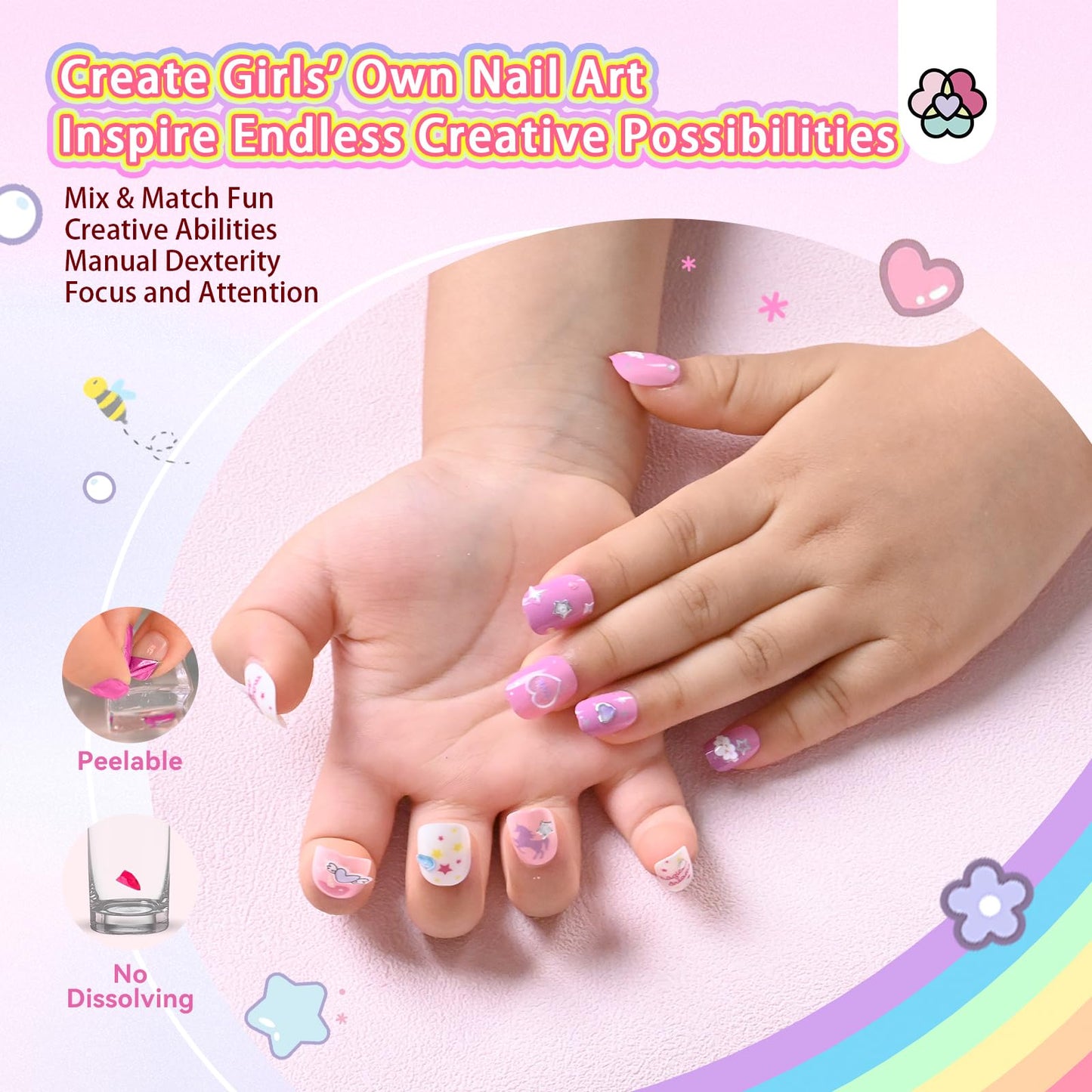 SAVILAND Creative Press on Nails for Kids: 6 Pack Children Fake Nails with 3D Stickers for 8-12 Years Girls Gifts Pre-Glue Full Cover Short Acrylic Nails Artificial False Nail Tips Nail Art Decoration