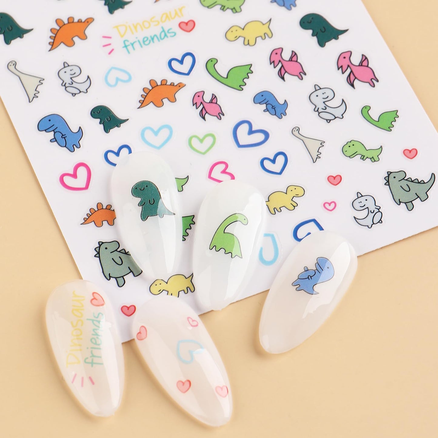 IDDFEVE Dinosaur Nail Art Stickers for Kids- Cute Cartoon Designs, 3D Self-Adhesive Heart DIY Nail Art Decals for Little Girls, Toddler (2 Sheets)