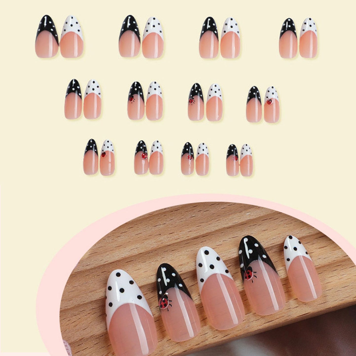IMRAIN French Tip Press on Nails - Polka Dot, Medium Almond Fake Nails, 3D Red Ladybug Designs, Acrylic Full Cover False Nails, Glossy Black White Glue on Nails for Women Girls 24Pcs