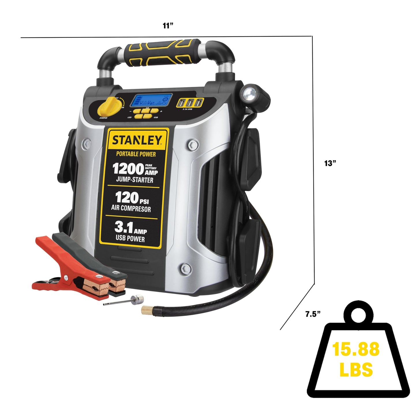 Stanley J5C09D 1200 Peak Amp Automotive Jump Starter, Portable Power – 2.1A/10W USB Port, 120 PSI Air Compressor
