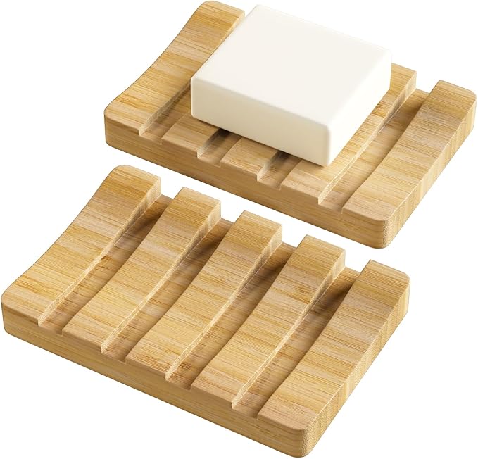 AmazerBath Bamboo Soap Holder, Bamboo Soap Dish, 2 Pack Soap Dishes for Bar Soap, Soap Tray Self Draining, Bar Soap Holder for Shower