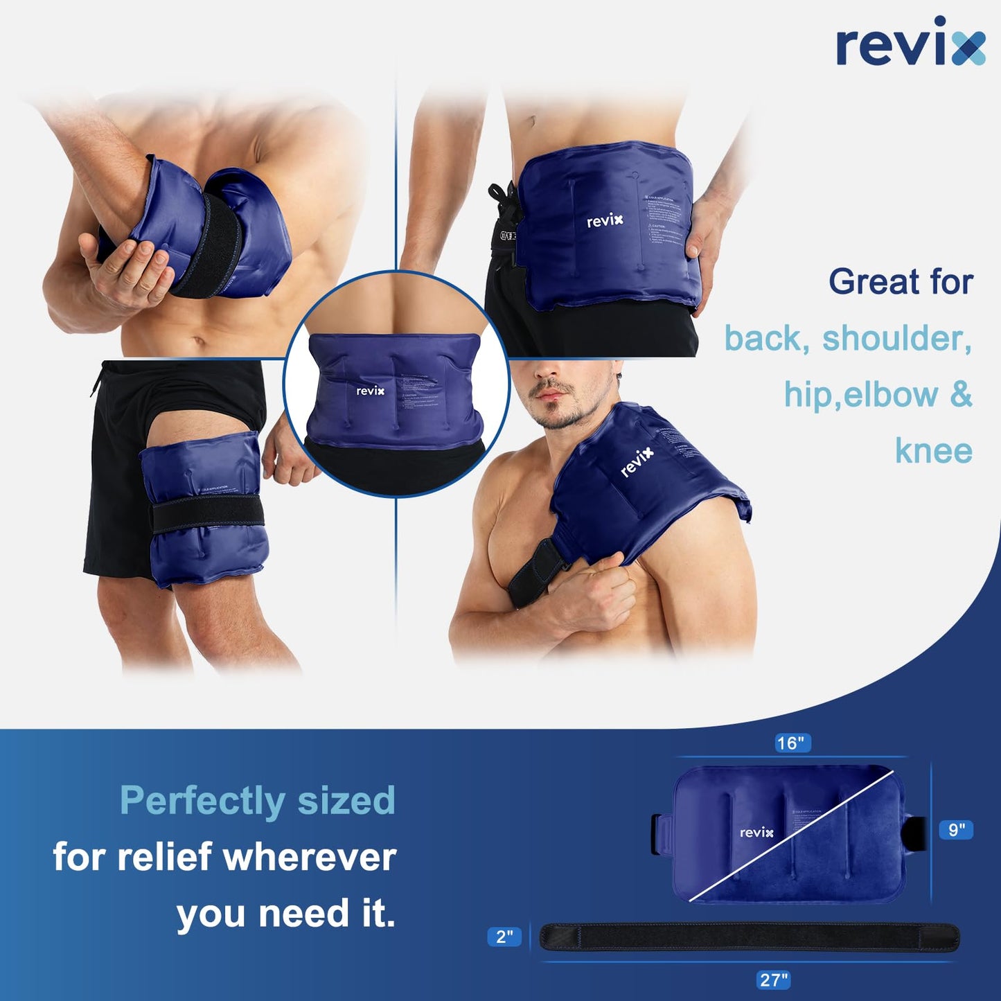 REVIX Ice Pack for Injuries Reusable Gel for Lower Back, Cold Packs for Back Shoulder, Elbow, Hip, Leg, Wrap Around Entire Knee, Soft Cold Compress,16 × 9" Navy"