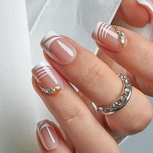 Curvlife Press on Nails Short Square Acrylic Fake Nails with French White Rhinestones Apricot Design Glossy Nude Glue on Nails Artificial Stick on Nails for Women