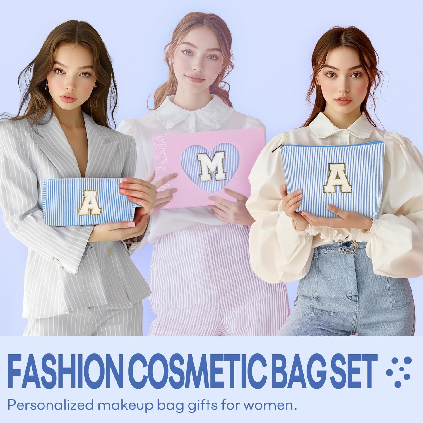 2 PCS Initial Makeup Bags for Women: Cosmetic Bag for Travel Toiletry - Birthday Gifts for 11 12 13 14 15 16 17 18 Years Old Girl Graduation Teacher Gift- Teen Girl Gifts Trendy Stuff - Blue S