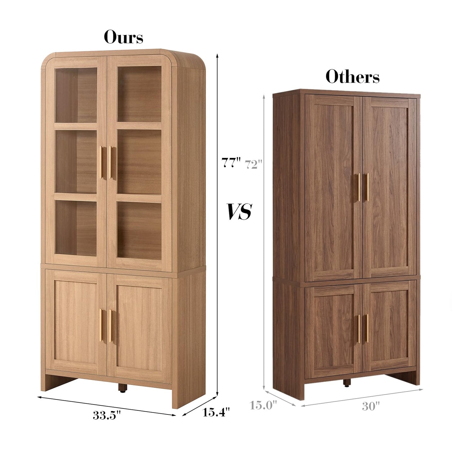 EliteSet 77" Tall Kitchen Pantry Cabinets, Wooden Curved Storage Cabinets with 2 Adjustable Shelves, 1.18'' Panel Freestanding Cupboard for Dining Room, Living Room, Bathroom, Oak, 1Pcs