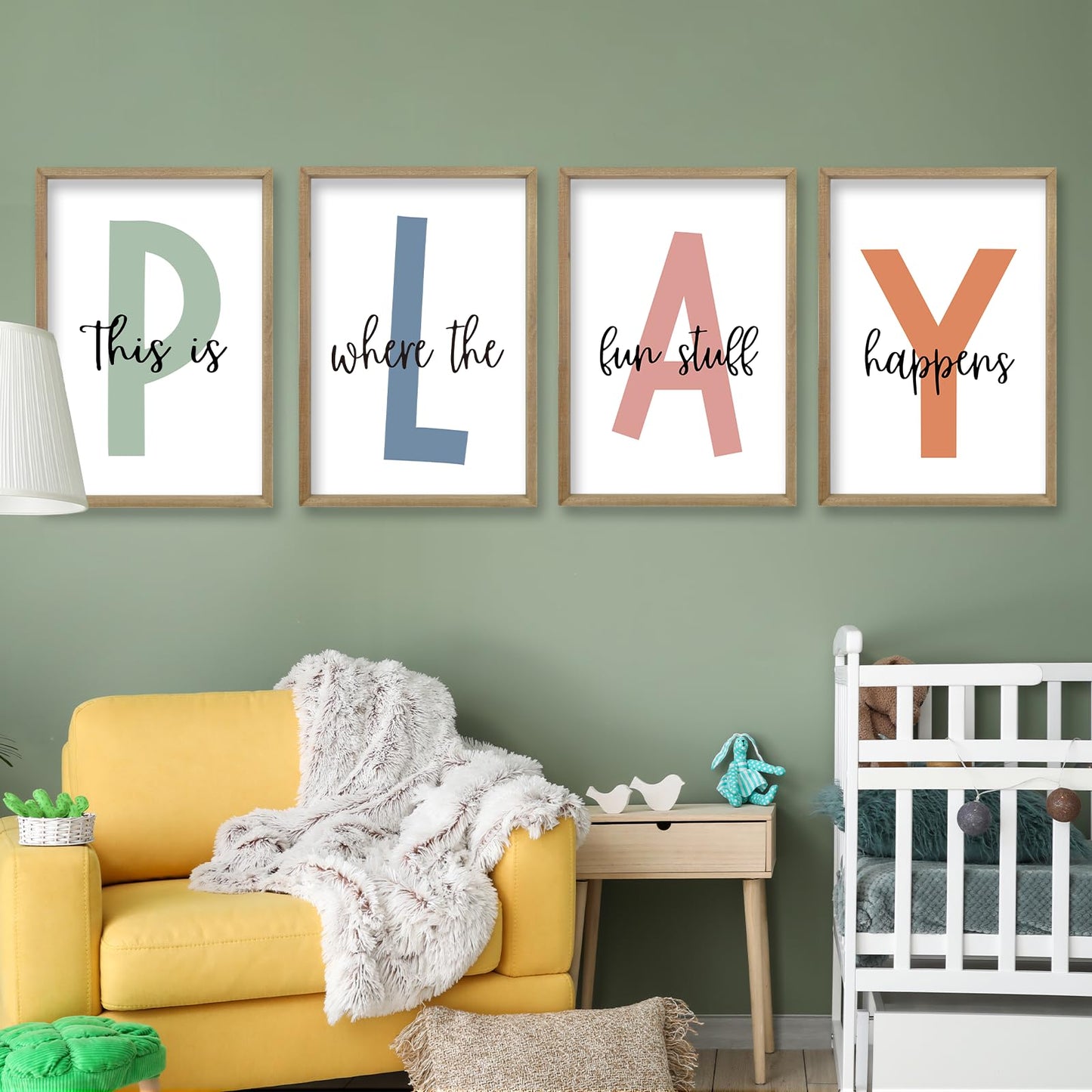 This Is Where The Fun Stuff Happens Kids Playroom Wall Art 11x16 Inch Set Of 4 Rustic Kids Wood Framed Boy Sign Toddler Modren Nursery Interesting Let's Play Prints Wall Hang Decor (Wood)