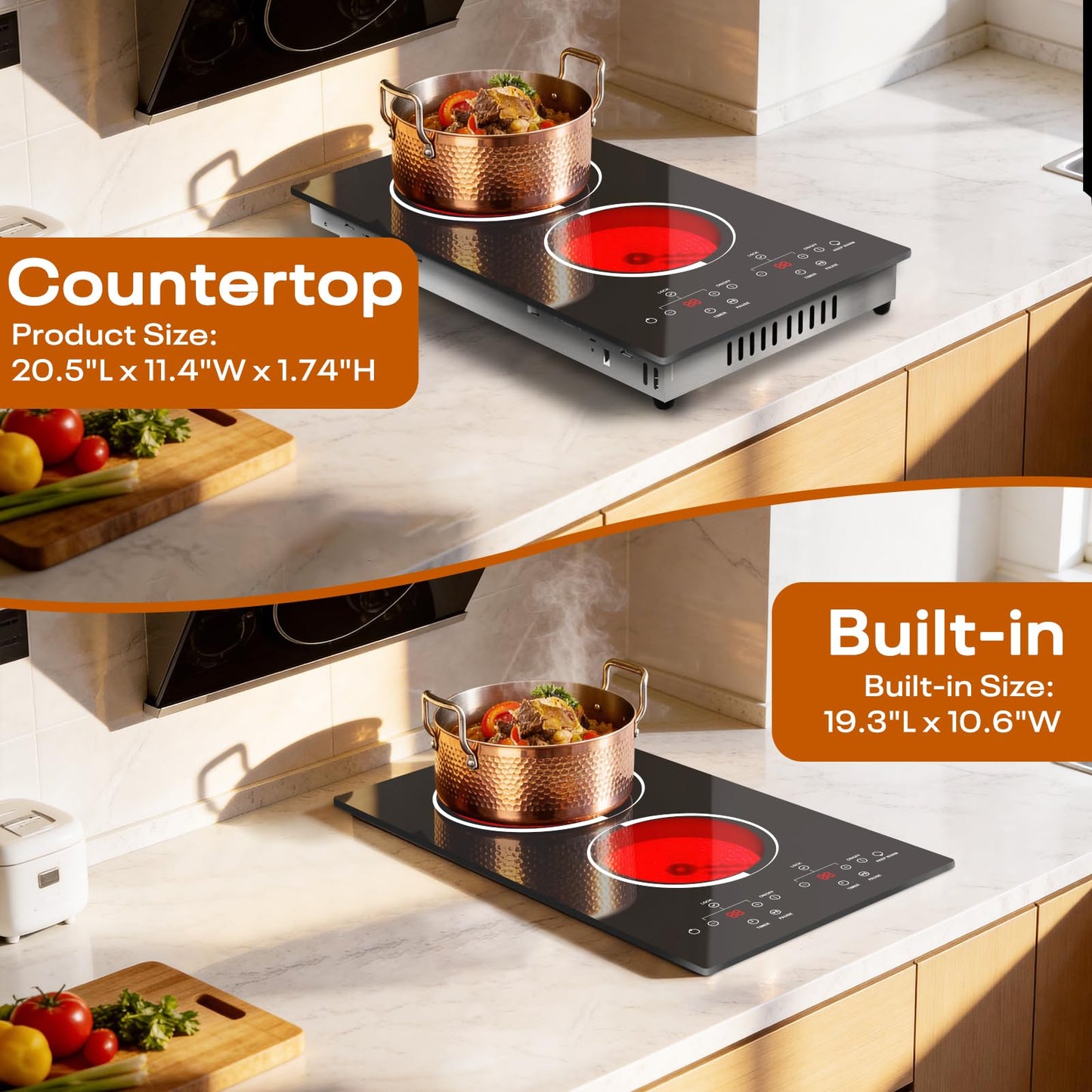 Jessier 2 Burner Electric Cooktop - 12 Inch Countertop & Built-in Electric Stove Top, 120V Plug in Electrical Cook Top, Timer, Safety Lock, Over-Temperature Protection, Sensor Touch Control