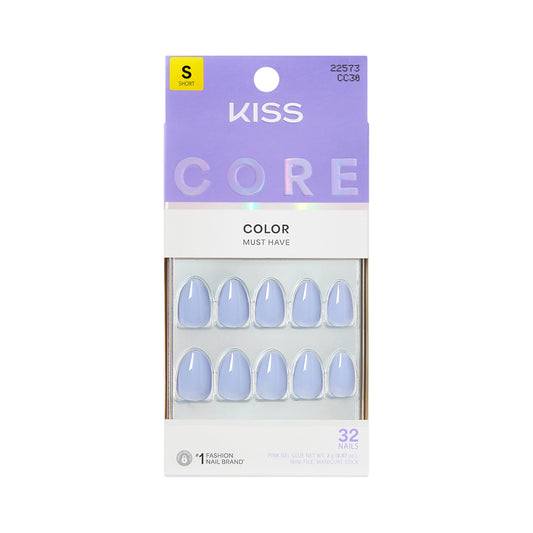 Kiss Core, Press On Nails, Nail glue included, 'Flee', Blue, Short Size, Almond Shape, Includes 32 Nails, 2g Glue, 1 Manicure Stick, 1 Mini File