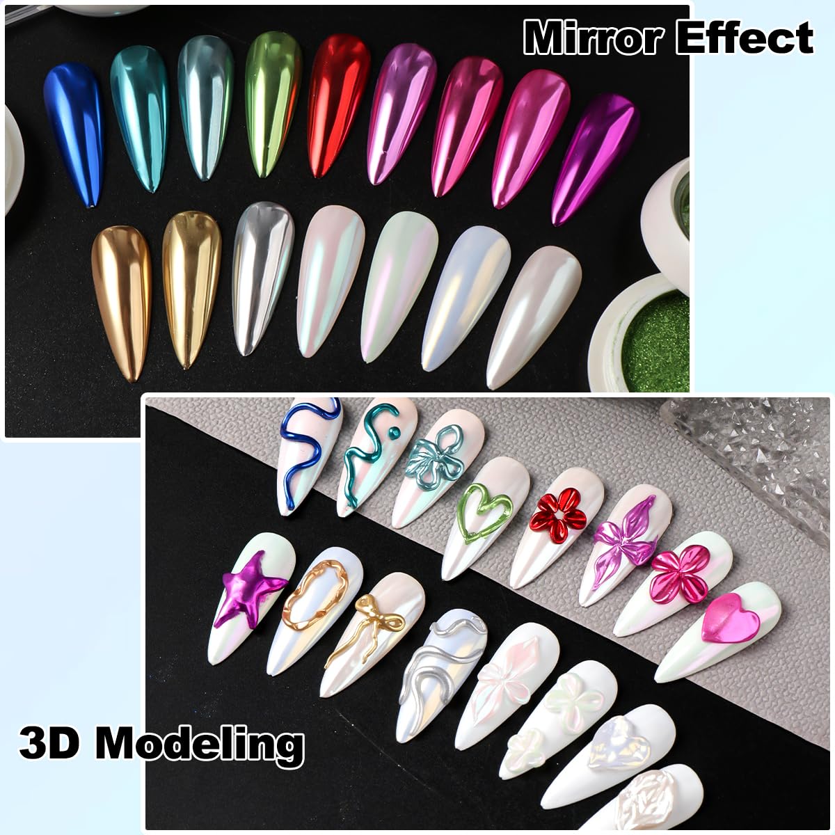 16 Jars Chrome Nail Powder Magic White Pearl Kit Mirror Effect Metallic Nail Art Pigment Fine Glitter Dust for Gel Polish Nail Art Decoration, Home DIY Salon Use