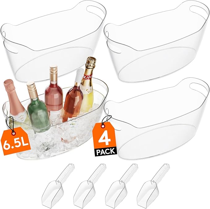 Lifewit 6.5L Ice Bucket for Parties 4 Pcs, Portable Drink Bucket for Cocktail Bar, Plastic Champagne Cooler for Beverage/Wine/Beer, Mimosa Bar Supplies Chiller Tub with Scoop 38 x18x20â¯cm/15x7x8"