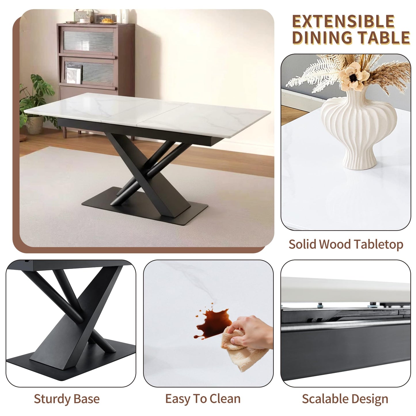 White Extendable Dining Table for 6, 59.1"-71.18" Modern Expandable Rectangle Dinner Kitchen Table,PU Leather and Chrome Leg Chairs,Modern Marble Dining Tables for Kitchen, Comedor(Marble White)