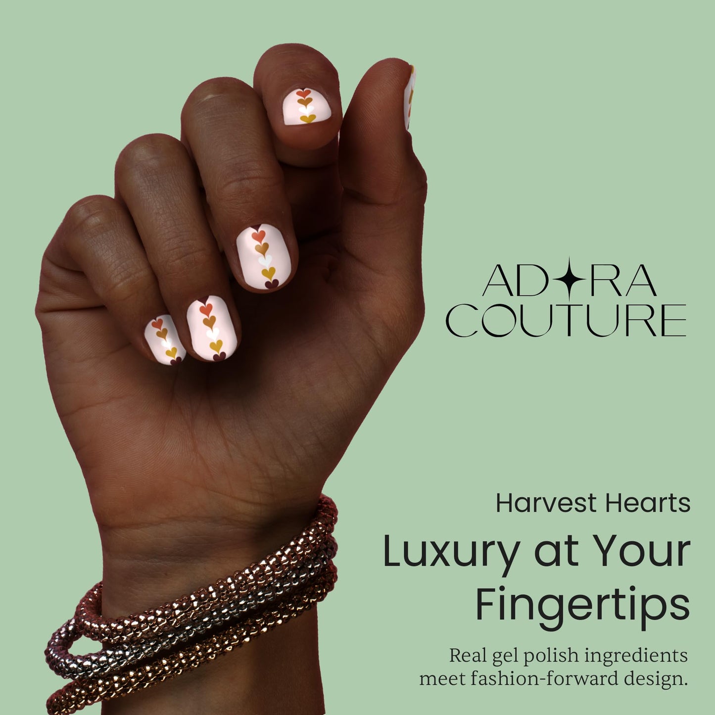 Adora Couture Semi Cured Gel Nail Strips with 20 Pieces, Salon Quality Wraps for Women, Beautiful Earthy Tones with Accent Hearts UV Gel Stickers, UV Light Required, Harvest Hearts