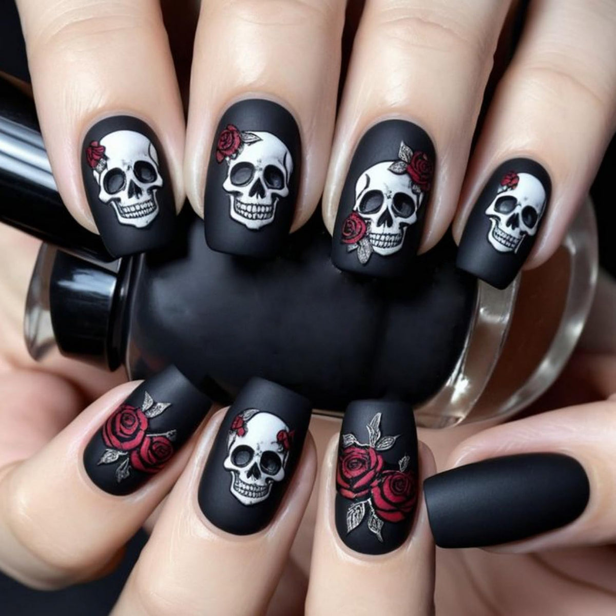 Halloween Press on Nail Short Square Fake Nails The Day of Dead False Nails Skull Red Rose designs Black Press ones Glue on Nails Full Cover Spooky Matte Stick on Nail for Women Party Manicure24pcs