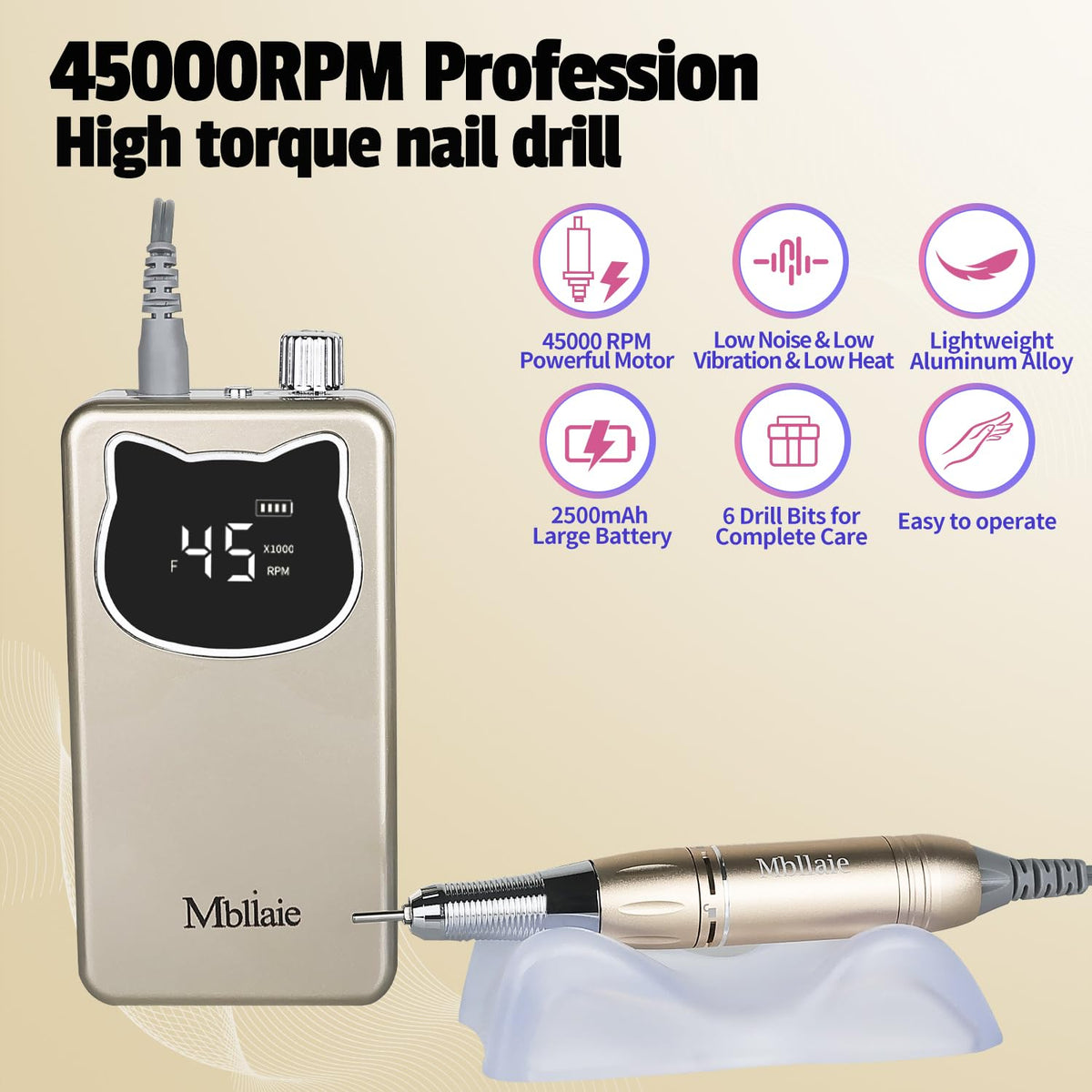 Professional Nail Drill File 45000RPM Electric Portable Kit with Rechargeable 8 uñas Bits Cordless Efile for Gel Acrylic Remover Home Salon Manicure Base Tool (Gold)