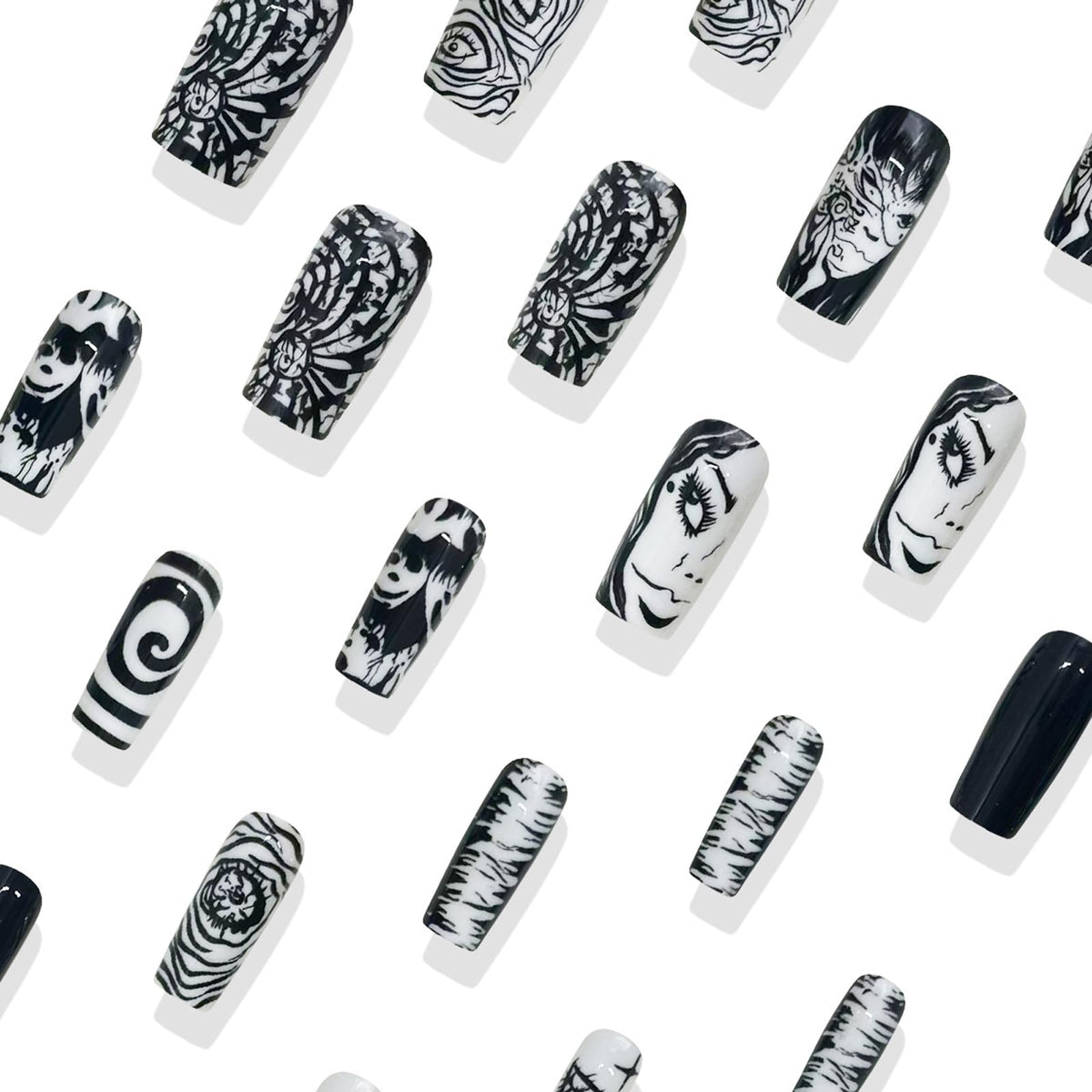 IMRAIN Long Press on Nails Square Fake Nails Black White Pattern Acrylic False Nails with Designs Full Cover Glossy Glue on Nails for Women