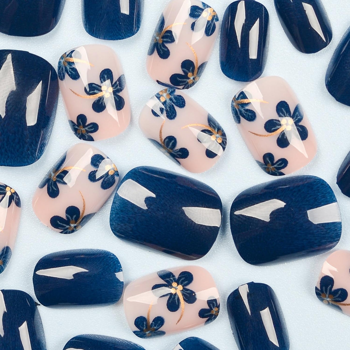 24pcs Blue Press on Nail Short Square Fake Nails Glossy Spring with Floral designs Gold Stripe Stick on Nail Full Cover Acrylic False Nails Reusable Gel Glue on Nails for Women Summer Manicure