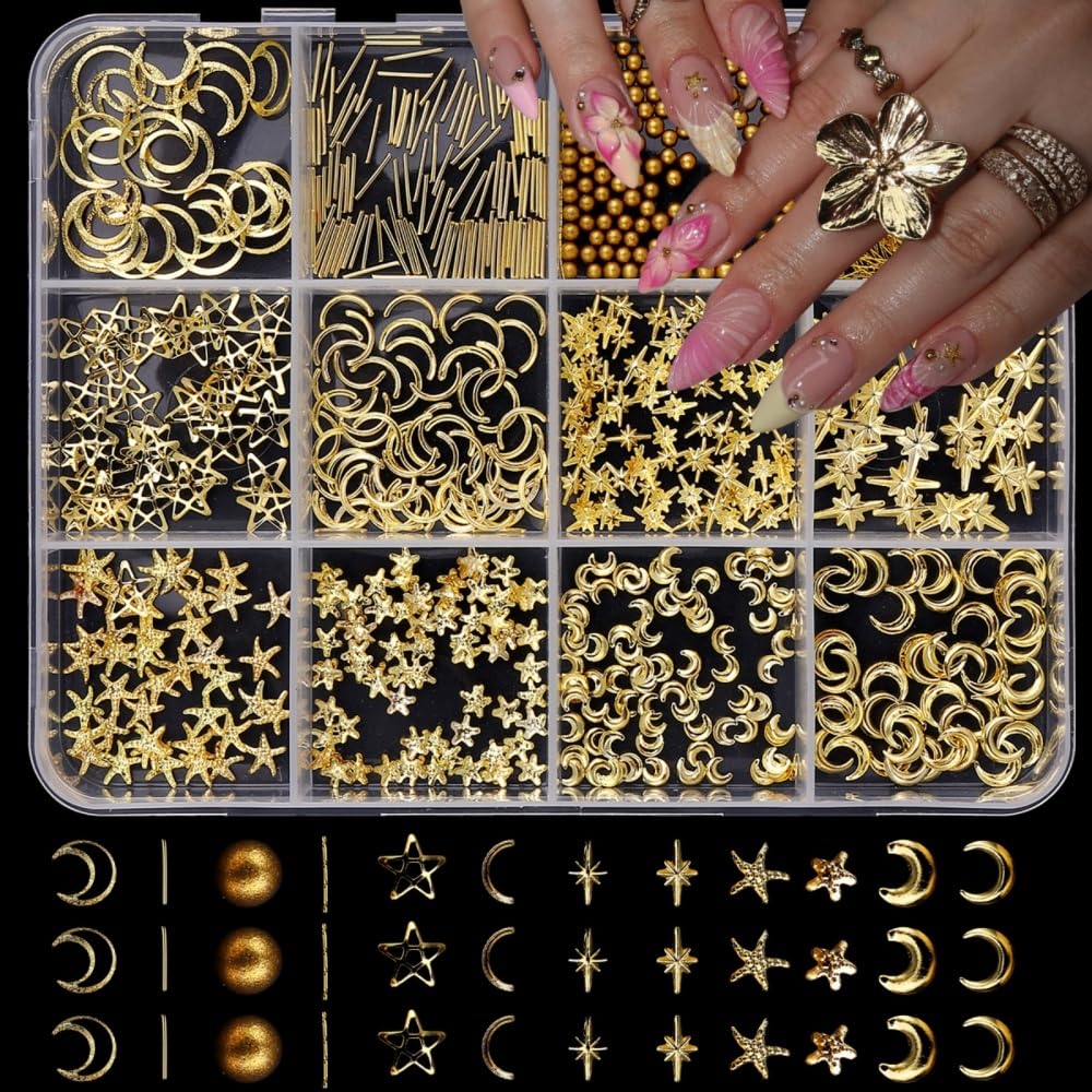 Gold Nail Charms 3D Alloy Beads Nail Gems Shiny Ocean Beach Starfish Star Moon Nail Jewels Multi-Shapes Metal Golden Lines Nail Art Supplies with Tweezer for Women DIY Acrylic Nail 12 Grids 1 Box