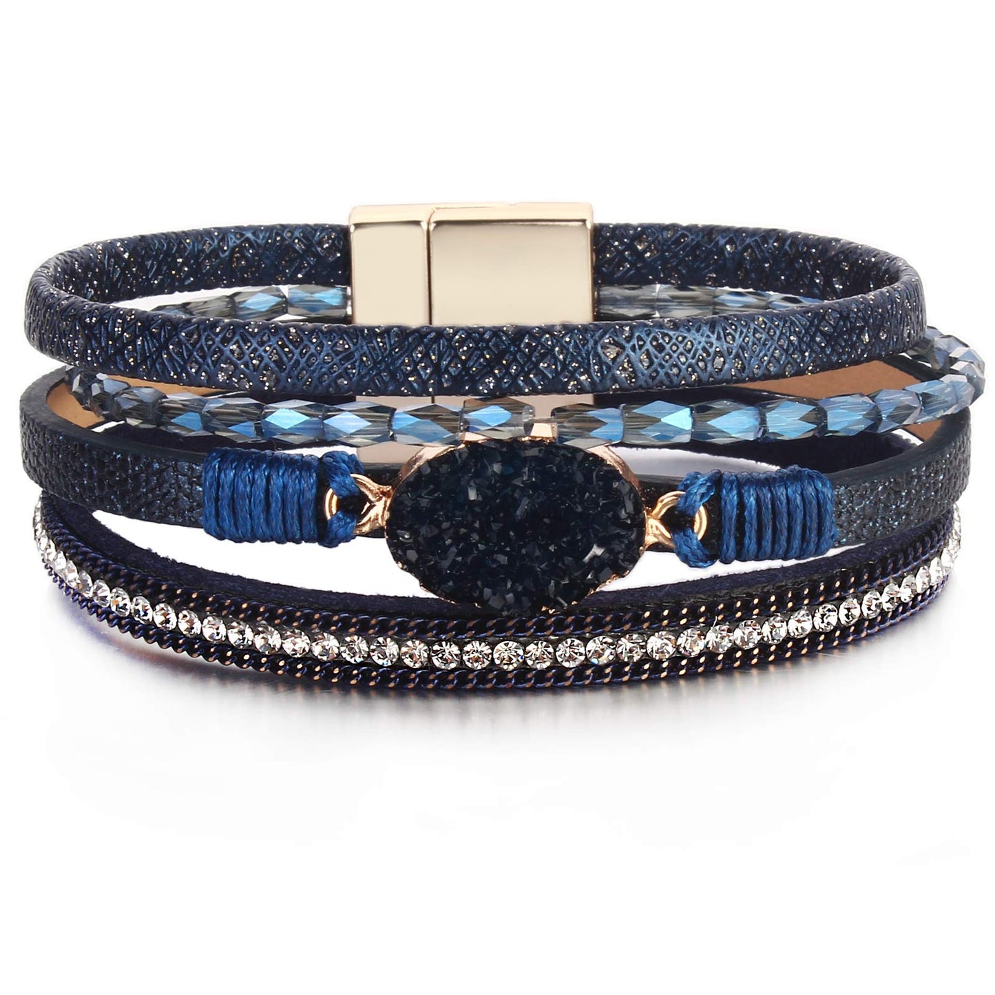 FANCY SHINY Boho Leather Wrap Bracelet Stackable Chunky Crystal Cuff Bracelets with Magnetic Clasp Cowboy Cowgirl Western Summer Beach Outfits Jewelry Gifts for Women (7.7", Navy Blue)