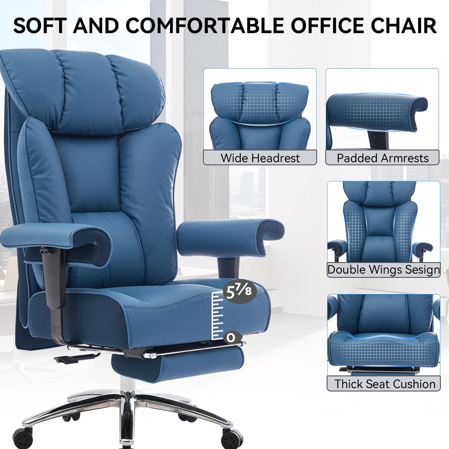 Efomao Big and Tall Office Chair 400lbs - Heavy Duty Executive Desk Chair with Foot Rest & 23" Wide Seat - High Back Ergonomic Leather Computer Chair for Heavy People, Home Office, Blue