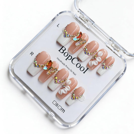 Handmade Press On Nails, 3D Flower & Butterfly White French Tip Fake Nails with Rhinestones, Reusable Acrylic False Nails Medium Length Square Press on Nails (S-10Pcs)