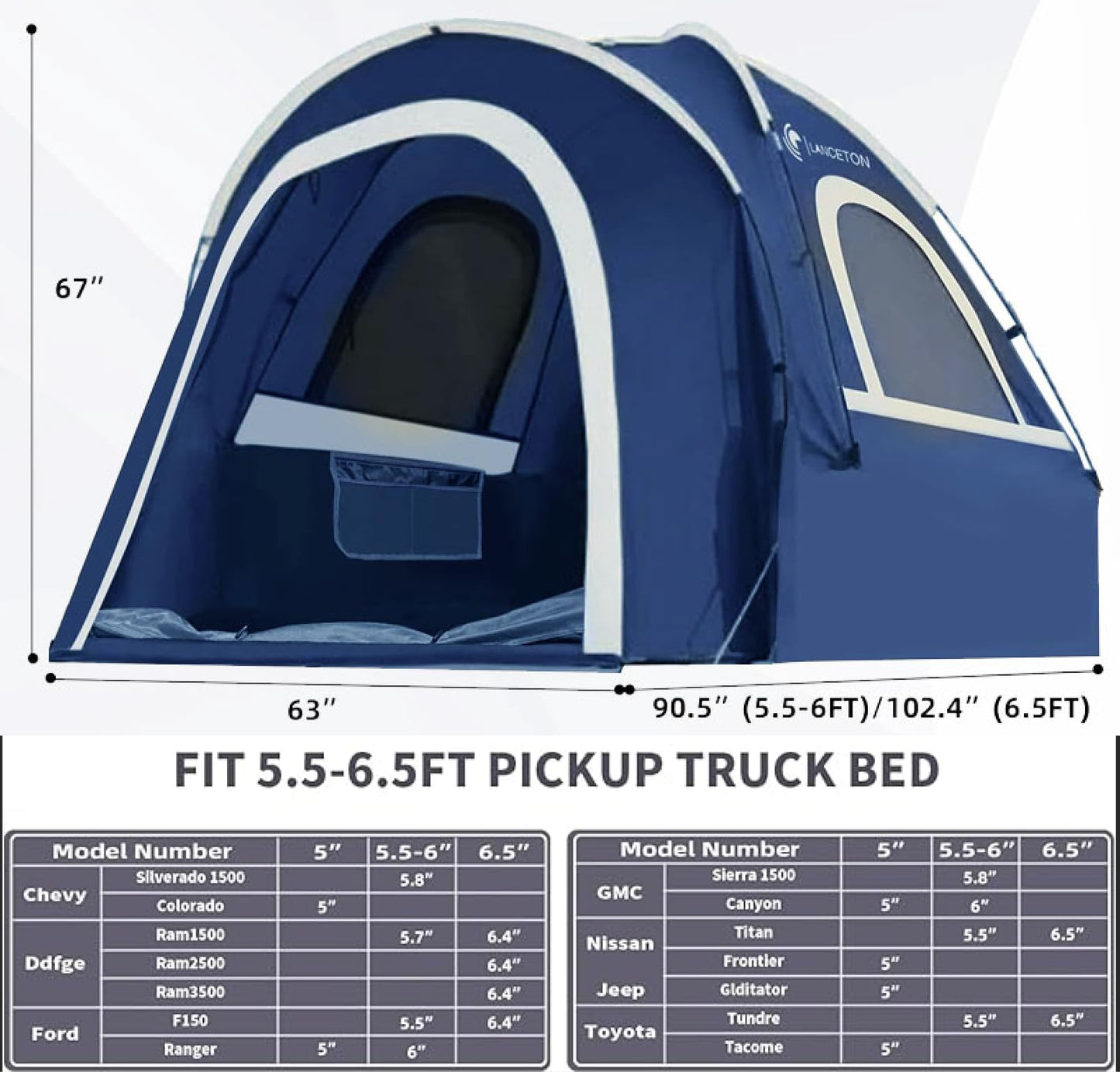 Lanceton Pickup Truck Tent, Fit 5.5-6 Foot Truck Bed, Waterproof PU3000mm high Density Polyester Oxford, Windproof Pole and Insect-Prevention Double Layer Mesh Window & Door, Unique Rear Window Pipe
