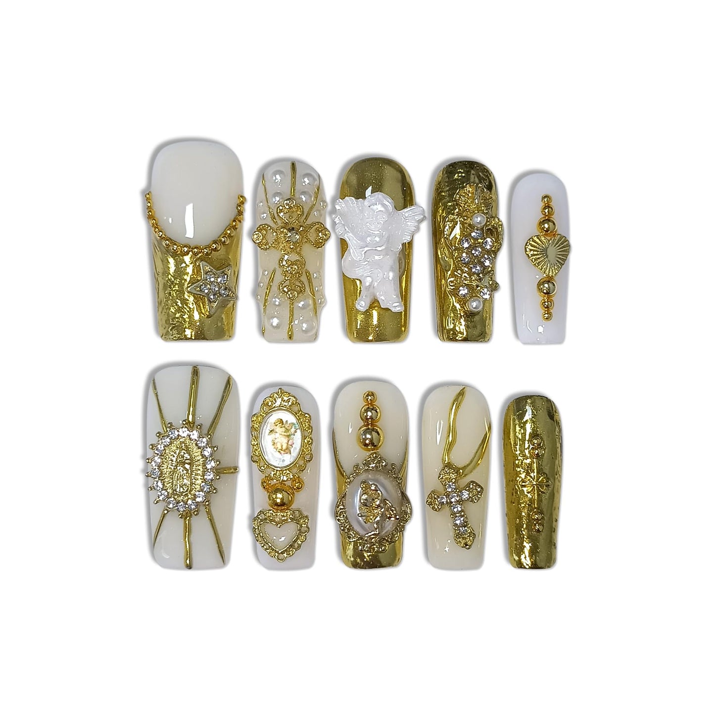 TENPAL Baroque Press on Nails Long Coffin 3D Embossed Pearl Cross Charm Luxury False Nails for Women Gold Glam Royal Cathedral Style Glue on Nails for Parties Holiday Events(S)