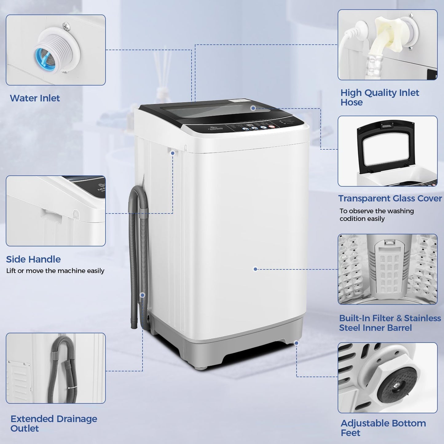 Nictemaw Portable Washing Machine, 20Lbs Capacity Full-Automatic Portable Washer with Drain Pump, 2.8Cu.ft Washer and Dryer Combo with 10 Programs & 8 Water Levels for Apartment, Dorms, RV- Glass Lid