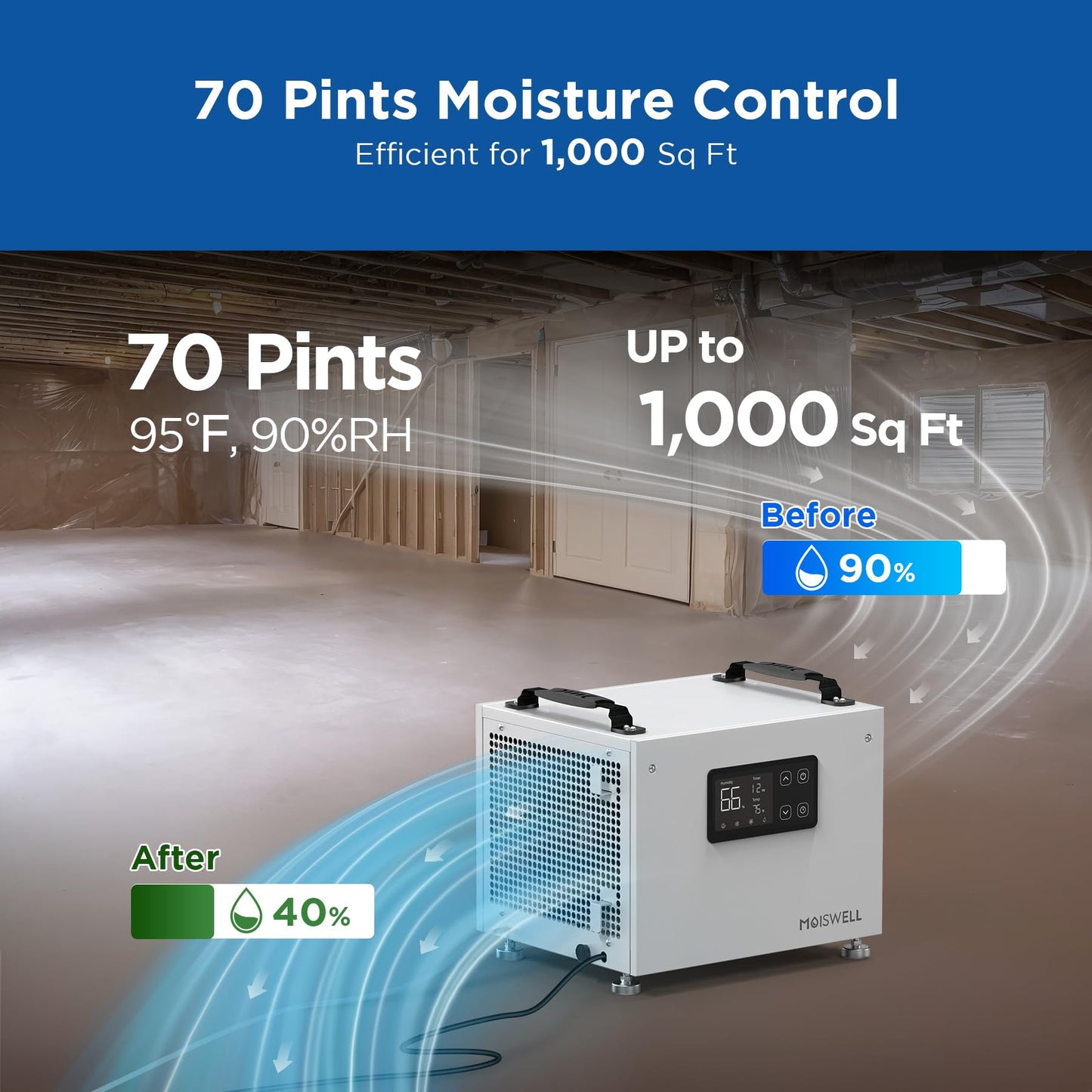 Moiswell 70 Pints Commercial Dehumidifier with Pump Portable Crawl Space Dehumidifier for Basement Energy Star Efficient Certified Compact Dehumidifiers for Home, Auto Defrost, Timer
