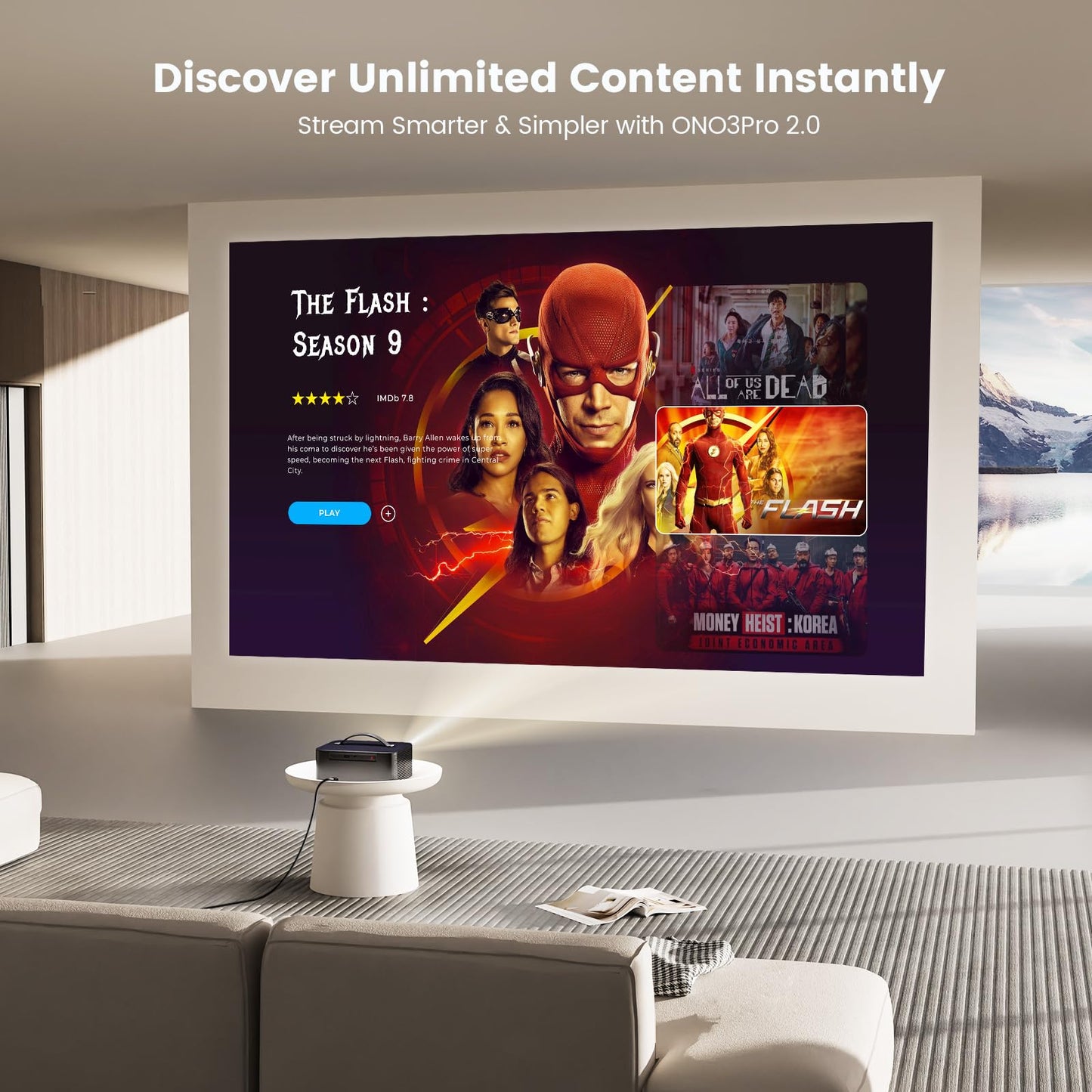 Projector-4K with WiFi and Bluetooth:[2000 ANSI/AI Auto Focus/Built-in APPs]Outdoor-Projector Smart TV OS 2.0 & DoIby, Portable Proyector Compatible with Netflix/YouTube/PrimeVideo, ONOAYO ONO3Pro 2.0