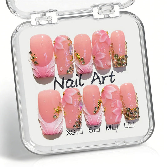 Threelegscat Pink French Tip Handmade Medium Square Press on Nails, Acrylic Fake Nails Salon Quality, 10 PCS with 3D Gold Rhinestone & Flower, Size M for Women, Party, Daily, Wedding
