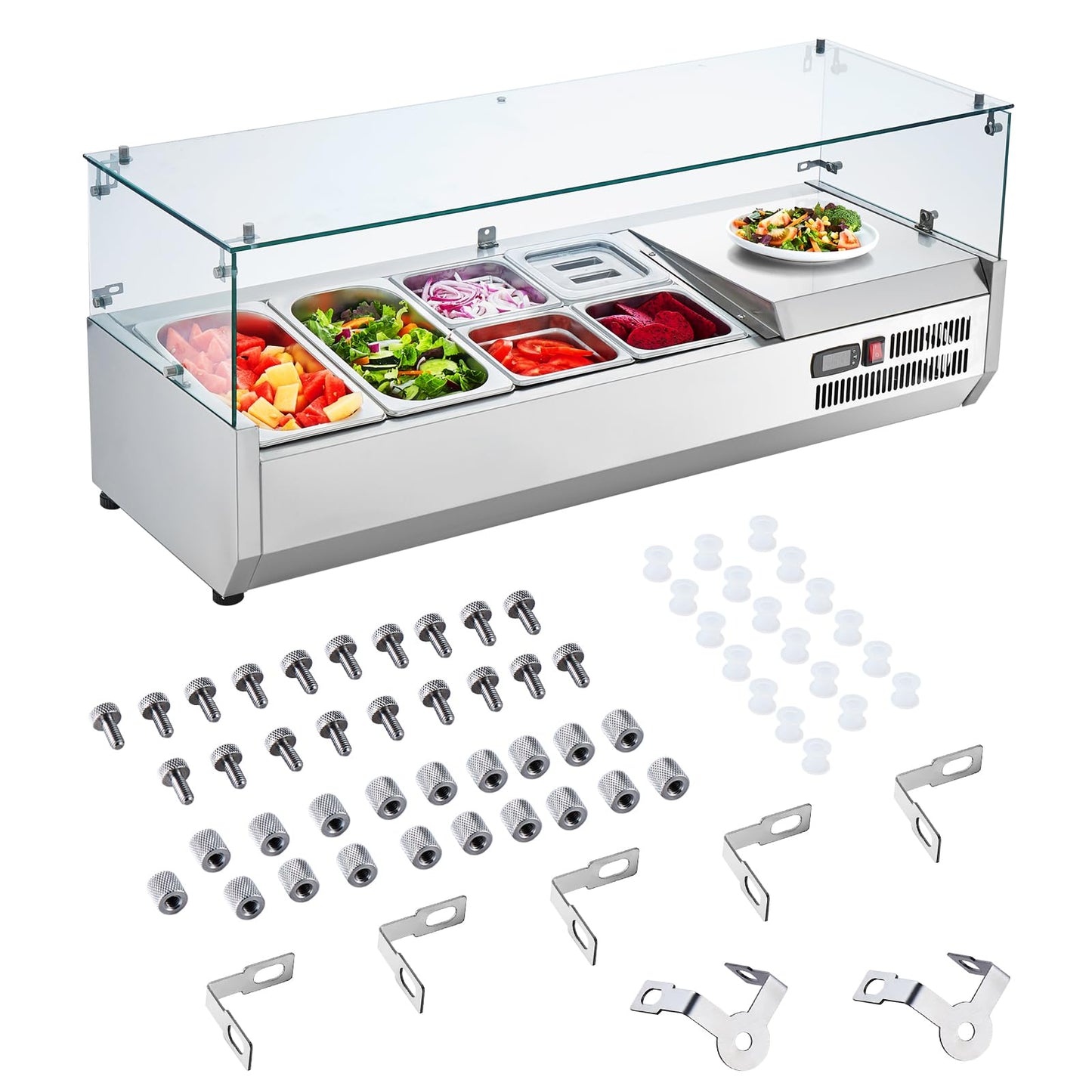 VEVOR Condiment Prep Rail Station, 135 W Countertop Refrigerated Condiment Station, with 2 1/3 4 1/6 Pans, 304 Stainless Body and PC Lid, Sandwich Prep Table with Glass Guard, ETL, Silver