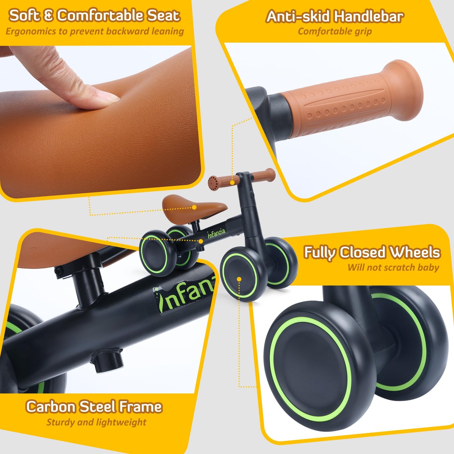 INFANZIA Baby Balance Bike for 12-36 Month Boys Girls, 1 Year Old Toddler First Bike No Pedal with Adjustable Seat, Infant 4 Wheels Bicycle Ride On Toys Kids First Birthday Gifts (Black)