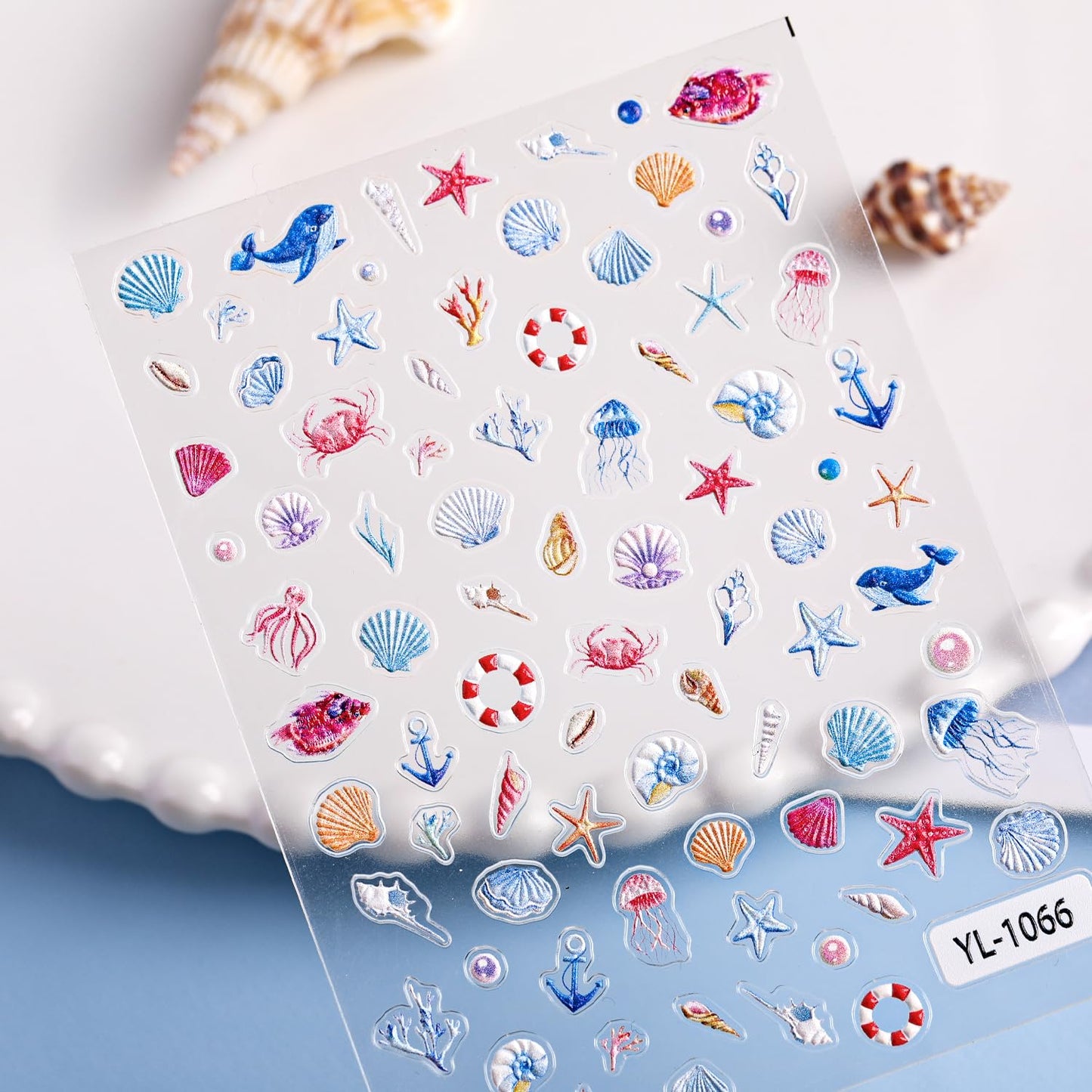 4 Pcs Summer Ocean Nail Stickers for Nail Art, 5D Embossing Self-Adhesive with Shell Fish Jellyfish Nail Decals, Nail Supplies Nail Art Design Accessories for Women and Girls Manicure DIY Decoration