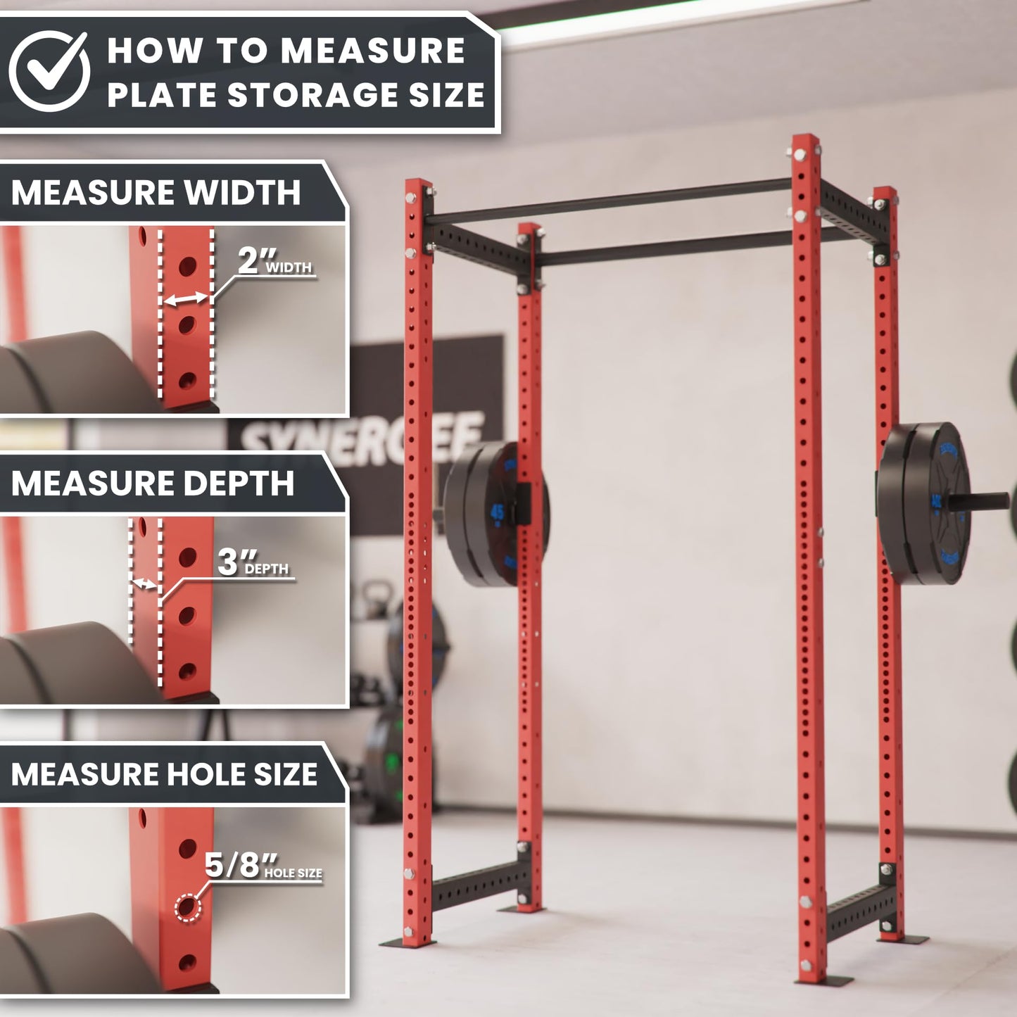 Synergee Weight Plate Storage Peg for 2x3 Power and Squat Racks. Fits 5/8" Holes. Rack-Mounted Olympic Plate Holder for Organized Weight Storage."