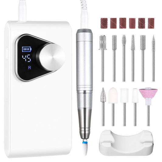 YSC Electric Nail Drill - 45000RPM Rechargeable Efile with Coreless Motor, Waterproof Nail Drill for Acrylic Nails, Portable Efile Kit for Home Salon Manicure Pedicure, Low Noise & Vibration White