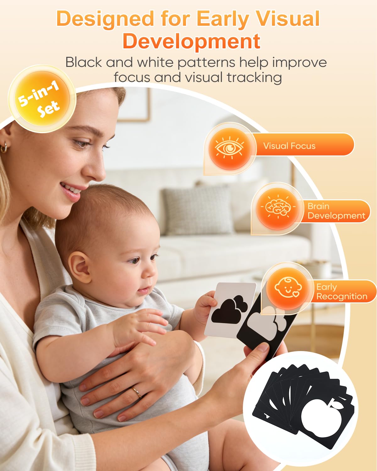 Montessori Toys for Babies 0-6 6-12 Months, Sensory Developmental Baby Toys, Tummy Time Toy - 5 in 1 Wooden Learning Toy Set, High Contrast Cards, Mirror & Spinning Drum for Newborn Infant Gift