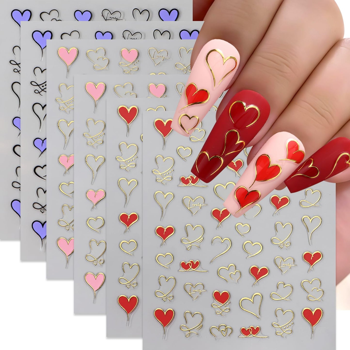 6 Pcs Heart Nail Art Stickers Valentines Day Nail Decals 3D Self Adhesive Hearts Nail Sticker Pink Purple Red Gold Heart Love Design Hollow Heart Nails Supplies Holiday Nail Accessories for Women