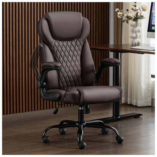 amseatec Office Chair, Executive PU Leather Chair, Ergonomic Computer Desk Chair with Lumbar Support and Adjustable Flip-Up Arms, Rocking Task Chair (Brow
